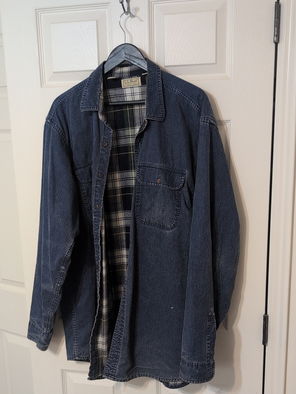 L.L. Bean Navy Blue Denim Shirt Jacket with Plaid Lining